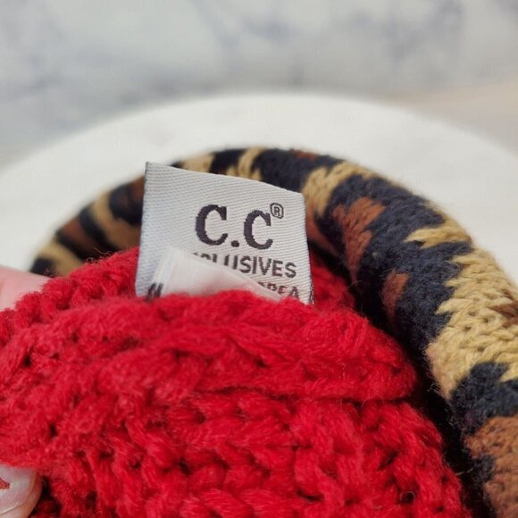 C.C Kids‎ Girl Beanie Leopard Animal Red tan Cableknit hat soft cozy - Picture 5 of 6